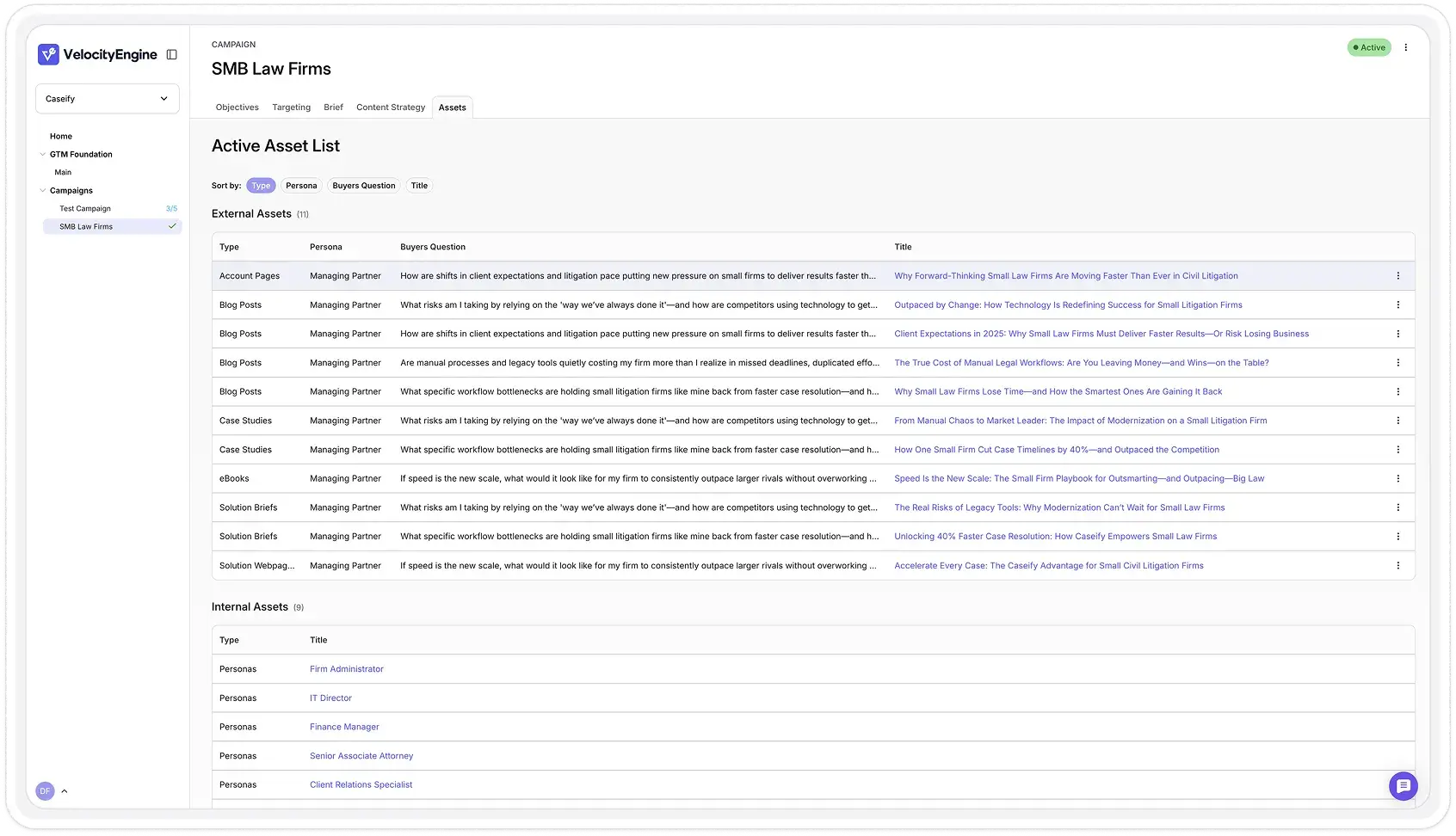 VelocityEngine campaign asset dashboard